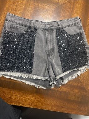 Fashion Nova Gray Denim Shorts with Black Sequin Pockets